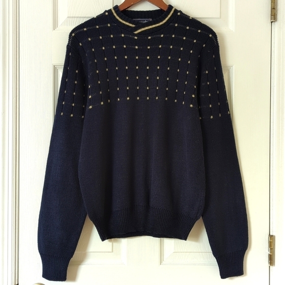 Barnaby 80's Vintage Funky Ribbed & Dotted Yoke Knit Crewneck Sweater Navy Large - Picture 1 of 9